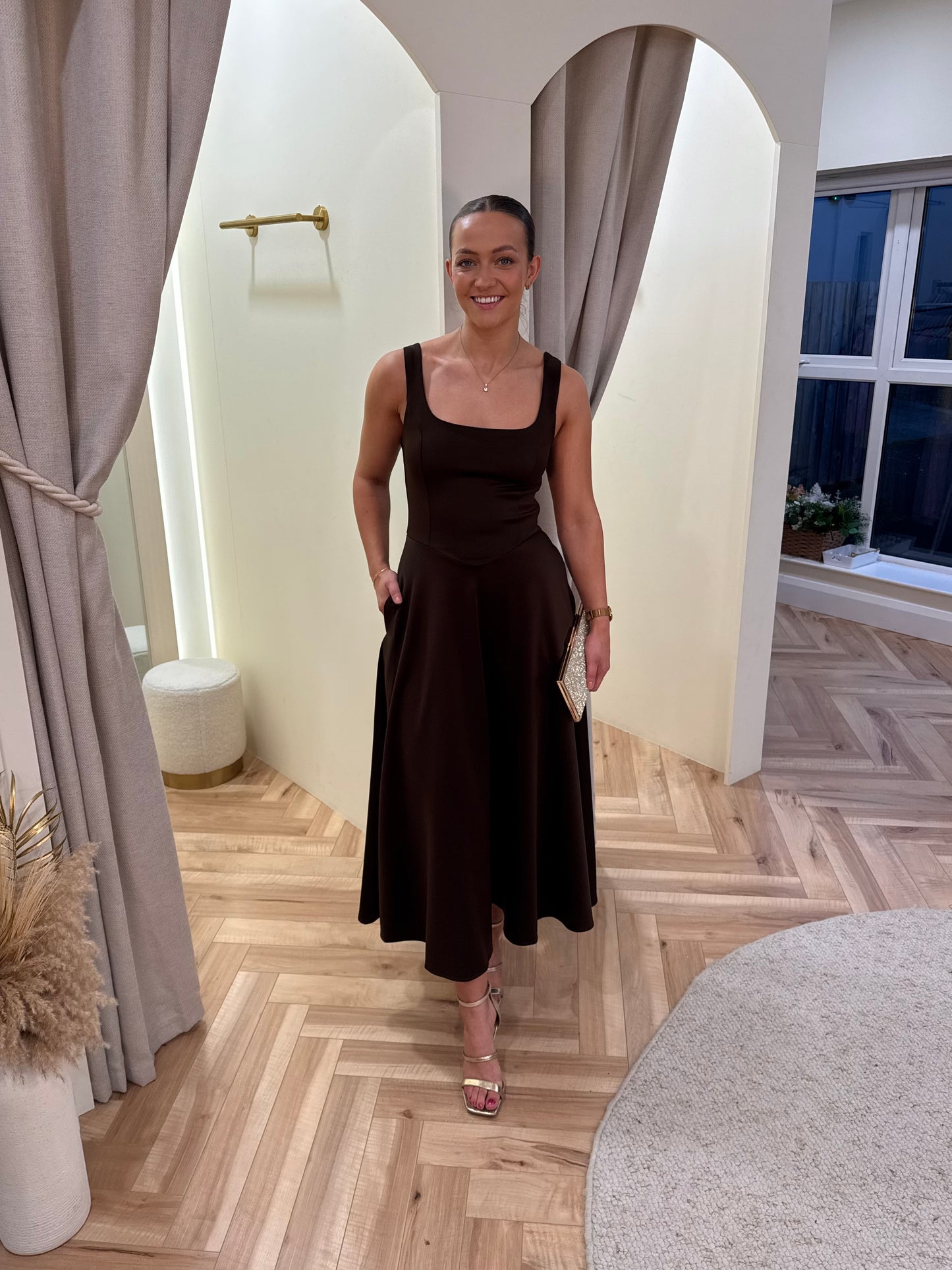 Chocolate Square Neck A-line Midi Dress