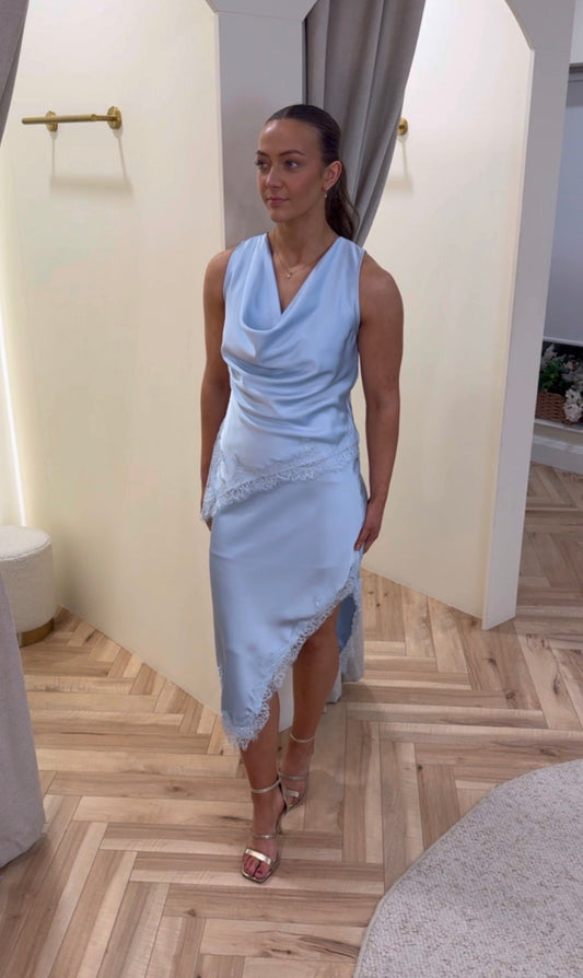Estelle Satin Asymmetrical Skirt in Blue