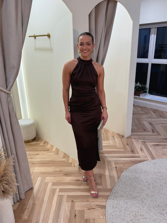 Chocolate Halter Neck Draped Waist Midi Dress