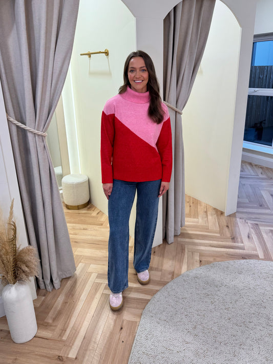 Winona Roll Neck Jumper in Pink/Red Colour Block