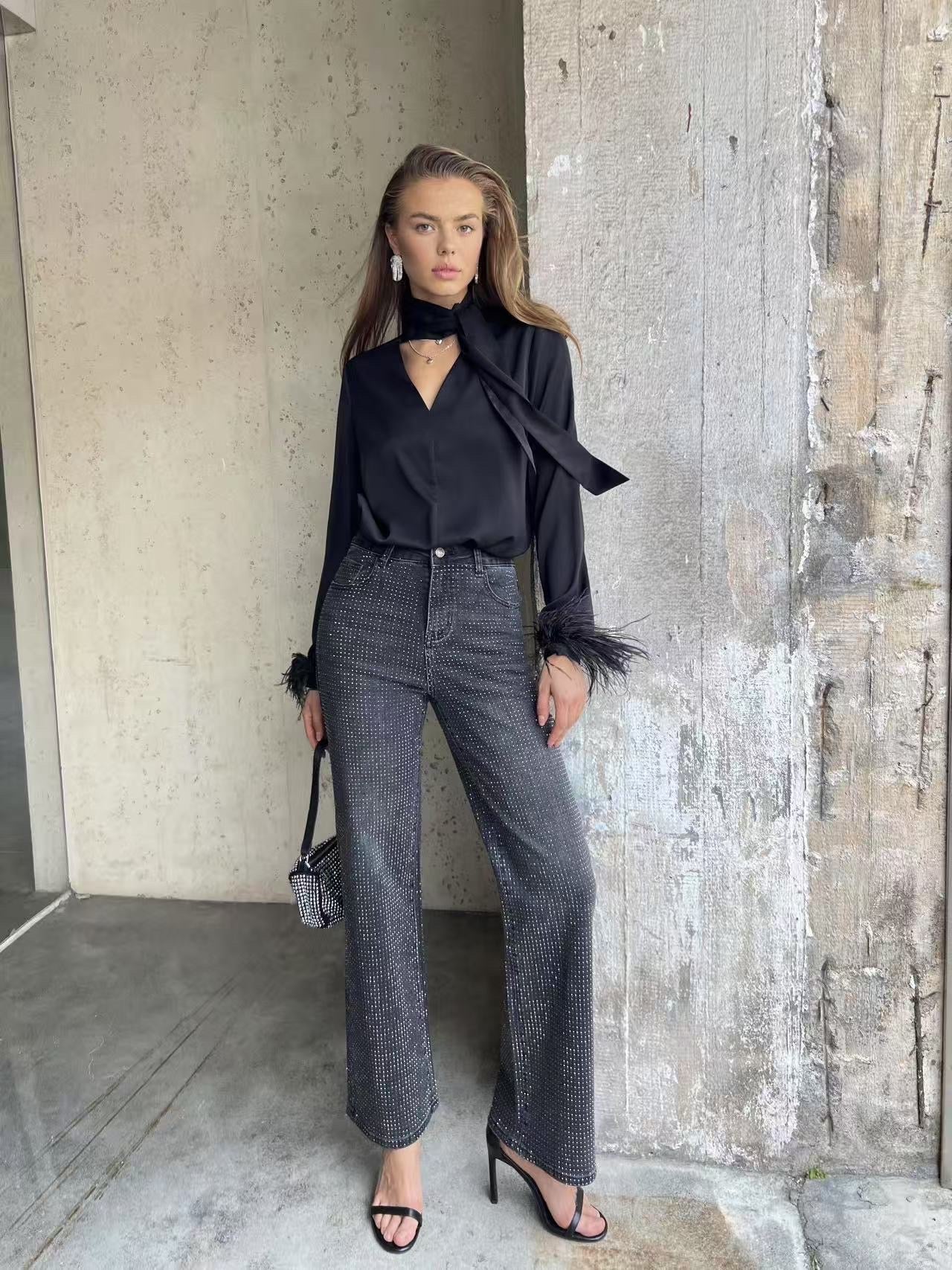 Sabrina Feather Cuff Top in Black