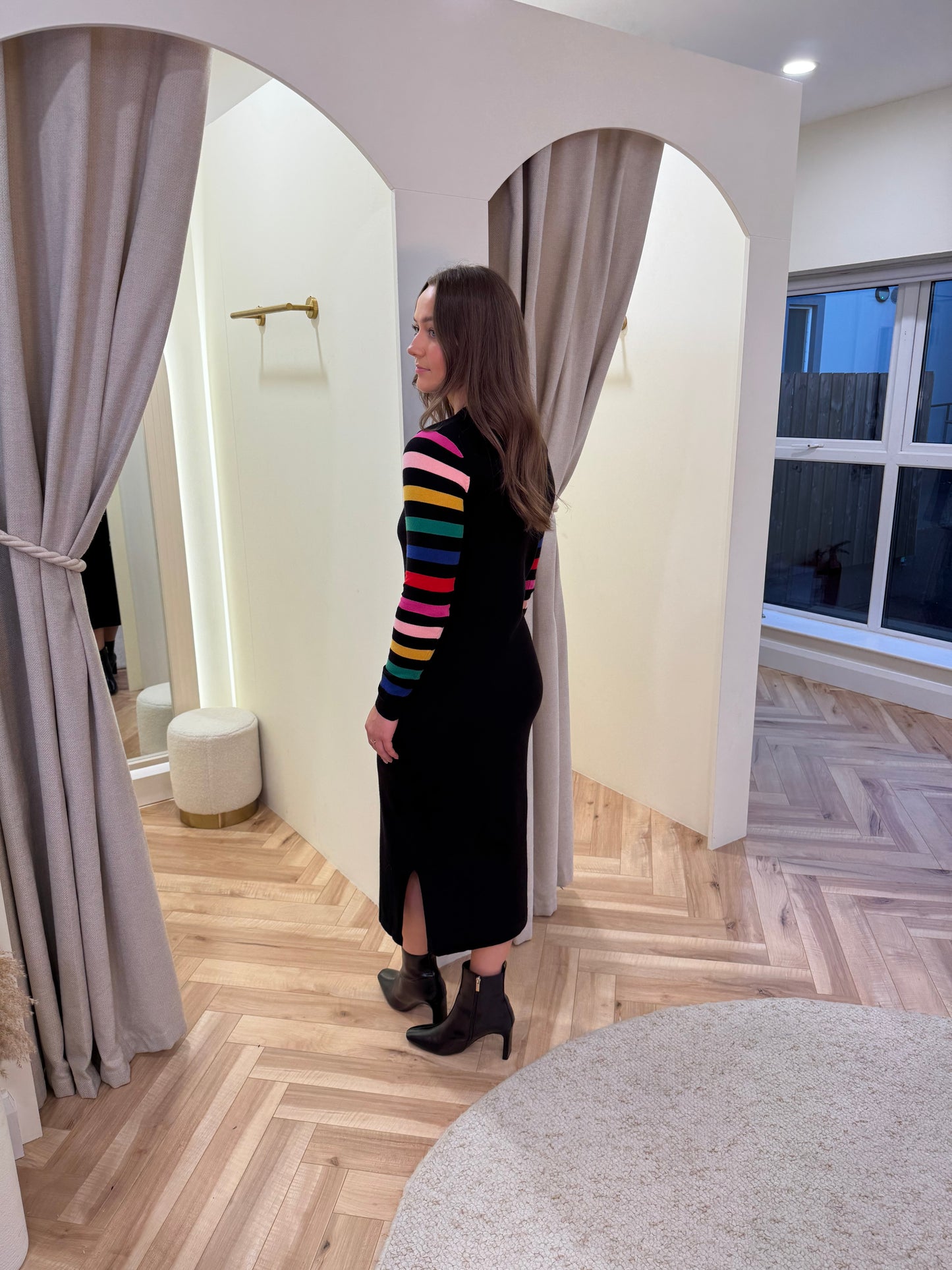 Liselle Knit Midi Dress in Black, Rainbow Sleeves
