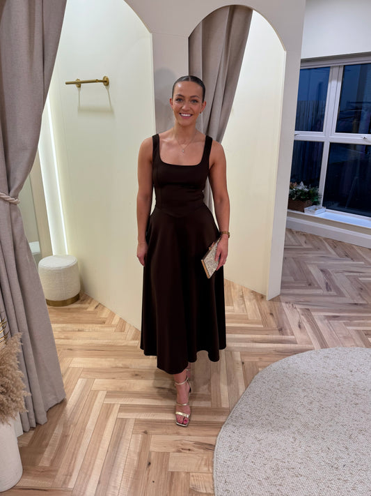 Chocolate Square Neck A-line Midi Dress
