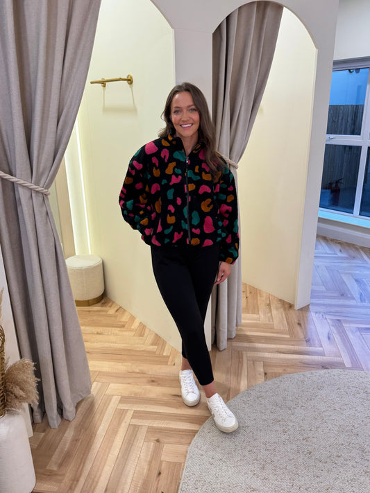 Hartley Zip Up Fleece in Black & Colourful Shapes
