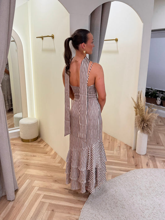 Serita Tiered Maxi Dress in Brown and Cream Stripe