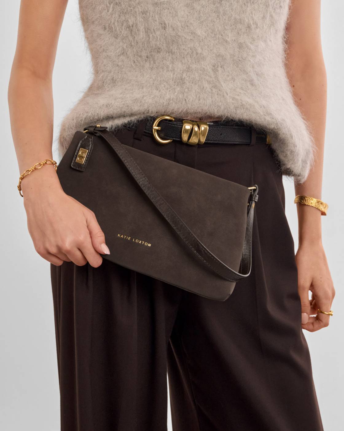 Orin Twist Lock Suedette Small Shoulder Bag in chocolate