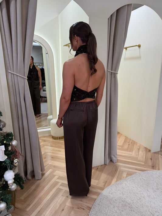 Cowl Neck Sequin Top in Brown