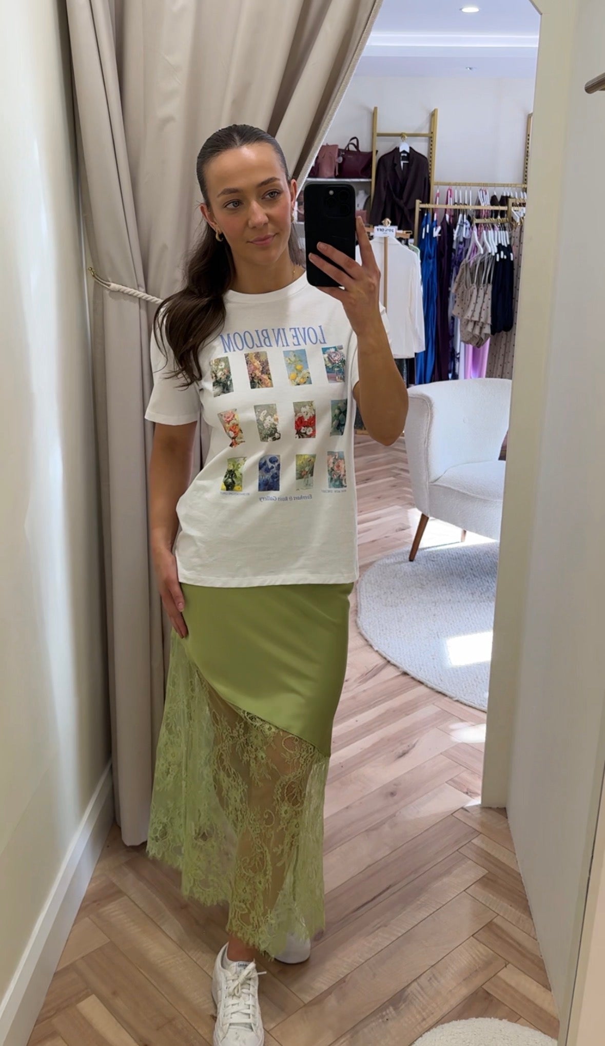 Green lace hem satin skirt