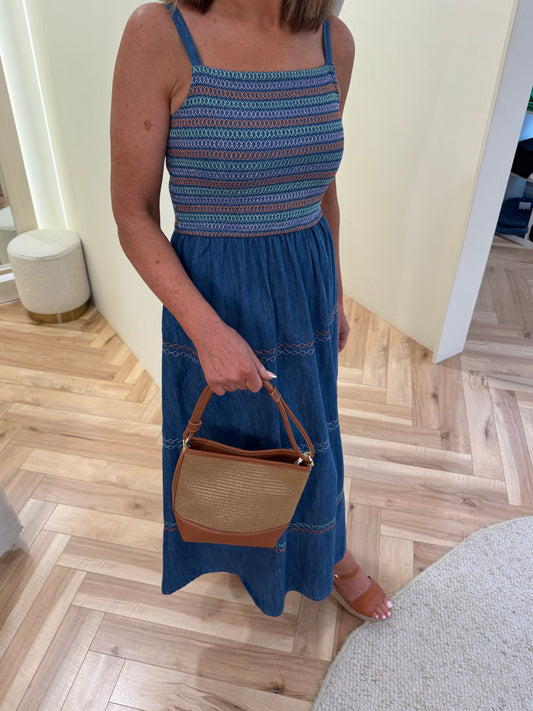 Sugarhill Brighton Murren Shirred Midi Dress - Washed Blue Denim