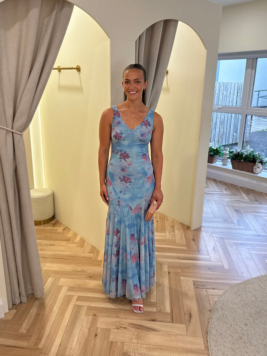 Blue Floral Blur Godet Maxi Dress