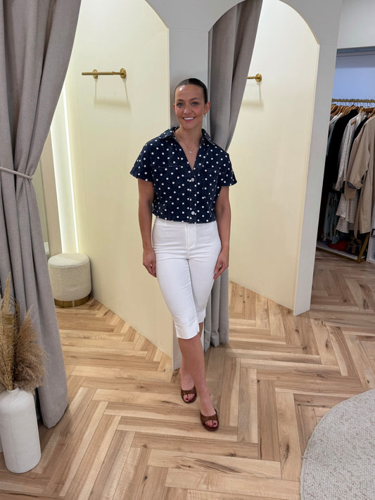 Kali Polka Dot Denim Top in Navy