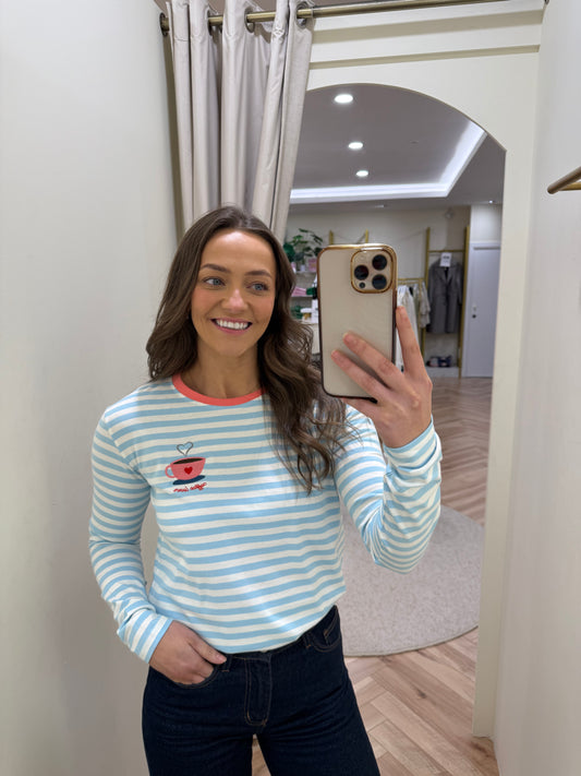 Brunswick Jersey Top - Off White/Blue, Coffee Cup