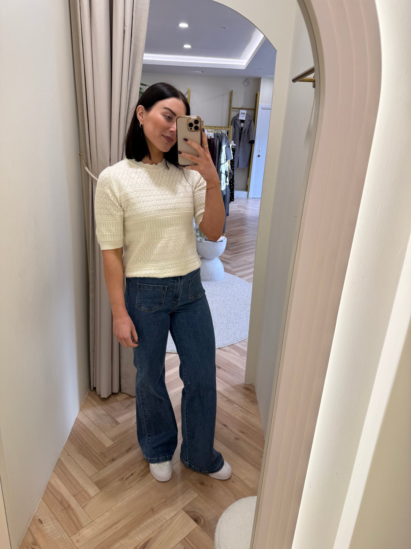 Vimilos S/S O neck Pointelle Top in Whisper White