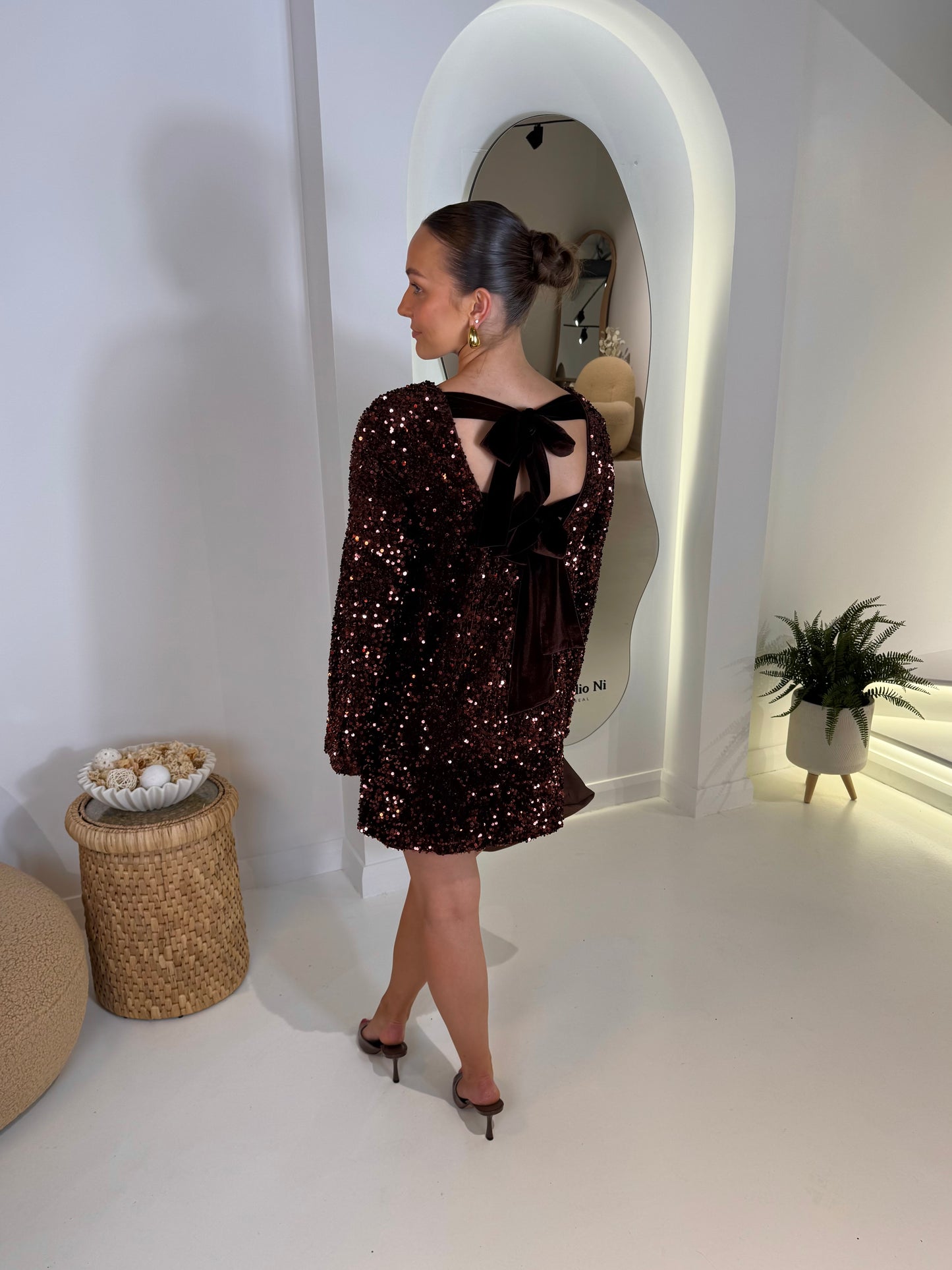 Bow Cluster Sequin Shift Dress - Brown