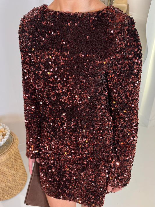 Bow Cluster Sequin Shift Dress - Brown
