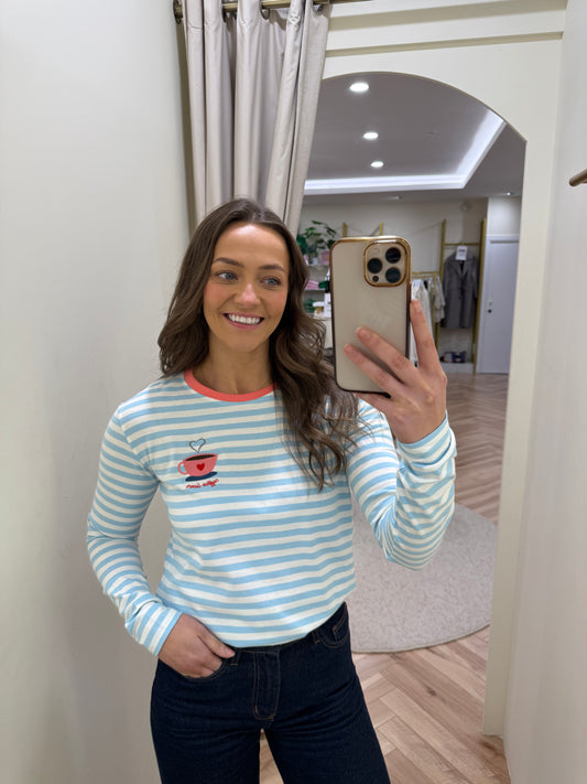 Brunswick Jersey Top - Off White/Blue, Coffee Cup