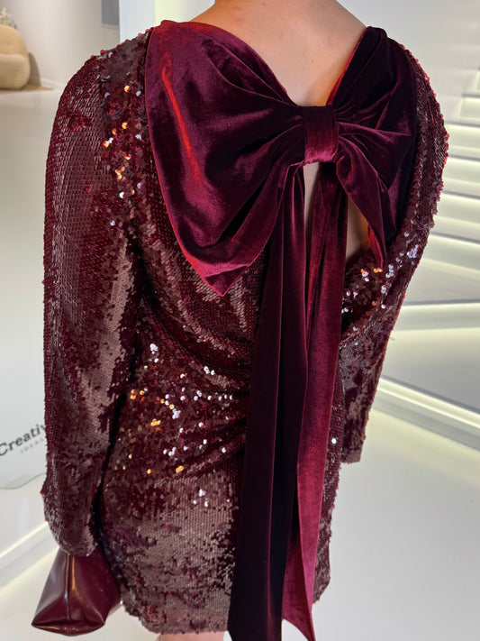 Brioni Sequin Bow Mini Dress in Wine