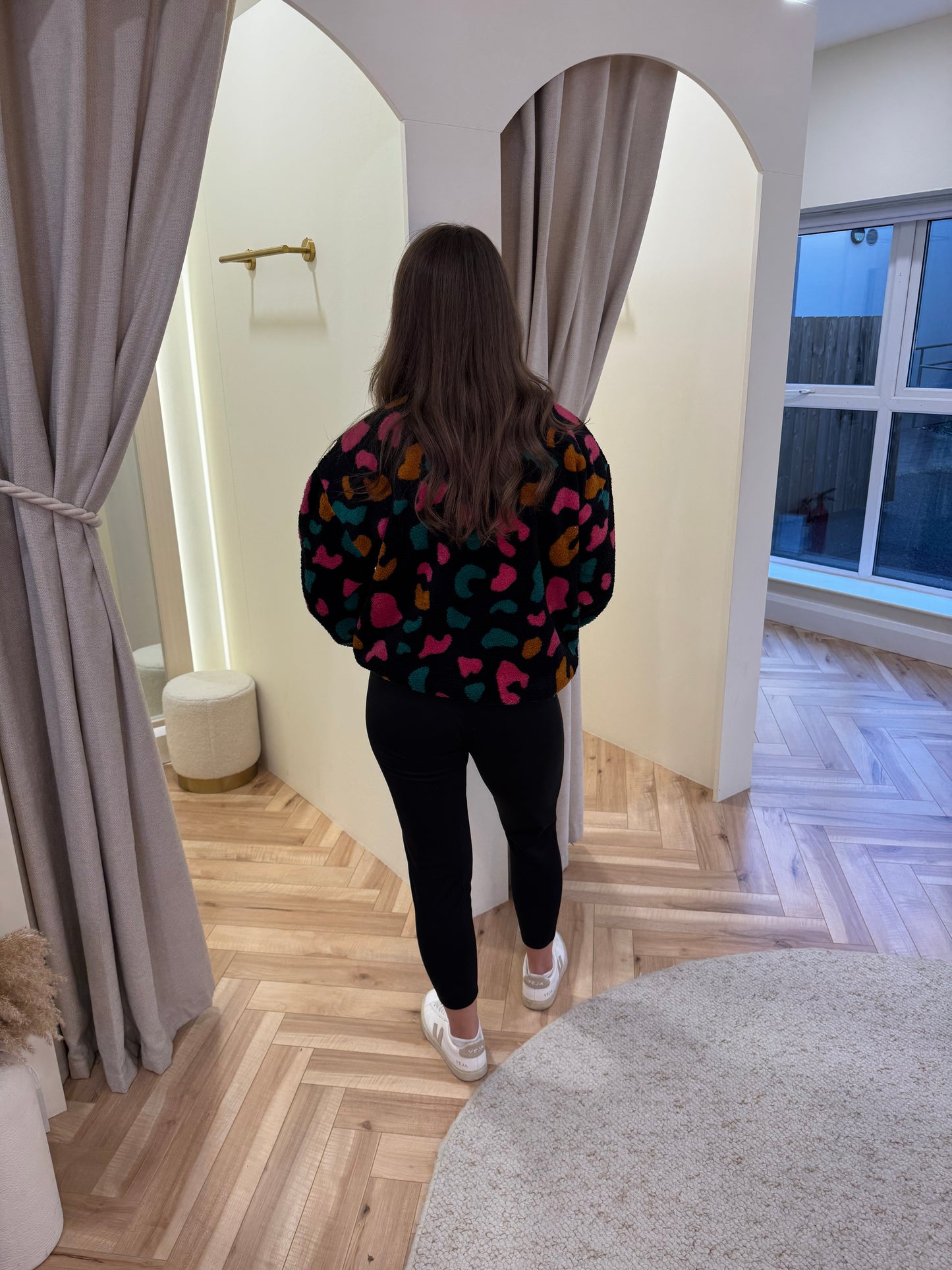 Hartley Zip Up Fleece in Black & Colourful Shapes