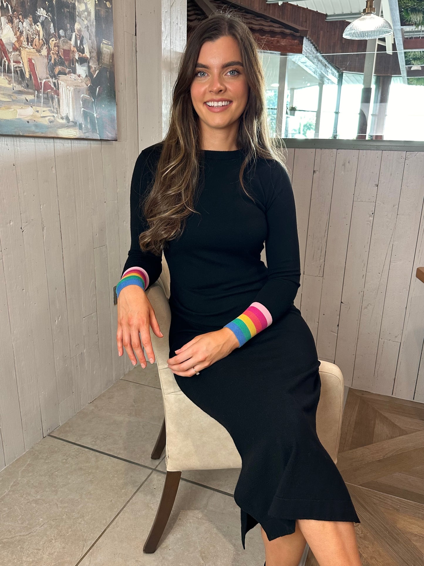 Liselle Midi Knit Dress Black Rainbow Stripe Cuffs