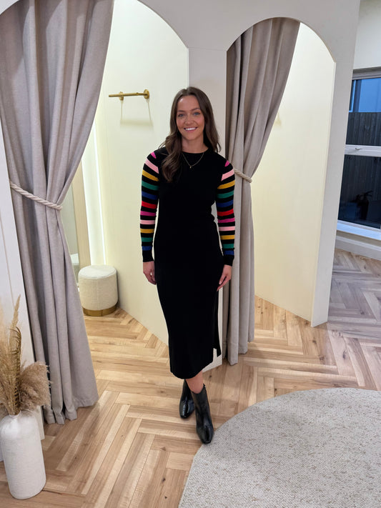 Liselle Knit Midi Dress in Black, Rainbow Sleeves