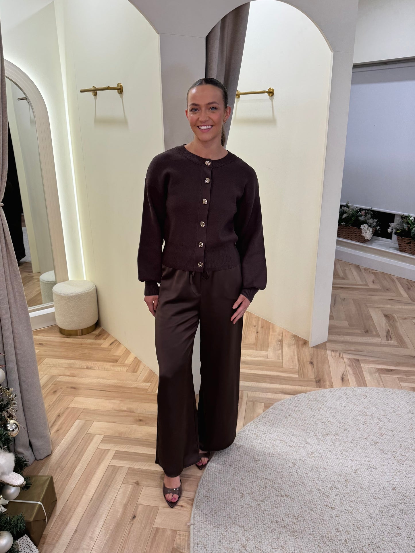 Breya Satin Drawstring Trousers in Brown