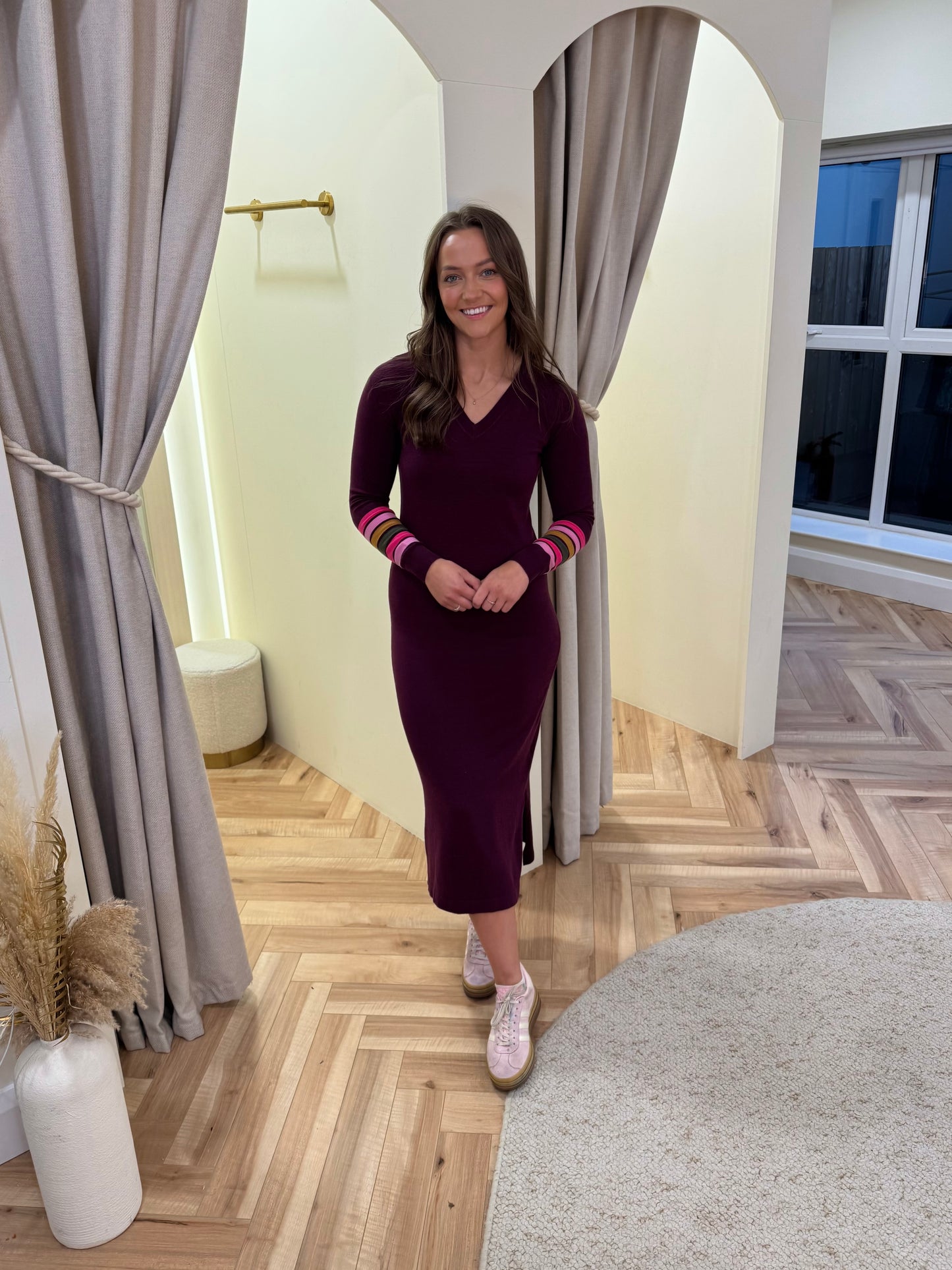 Dania Knit Midi Dress in Burgundy, Sleeve Stripes