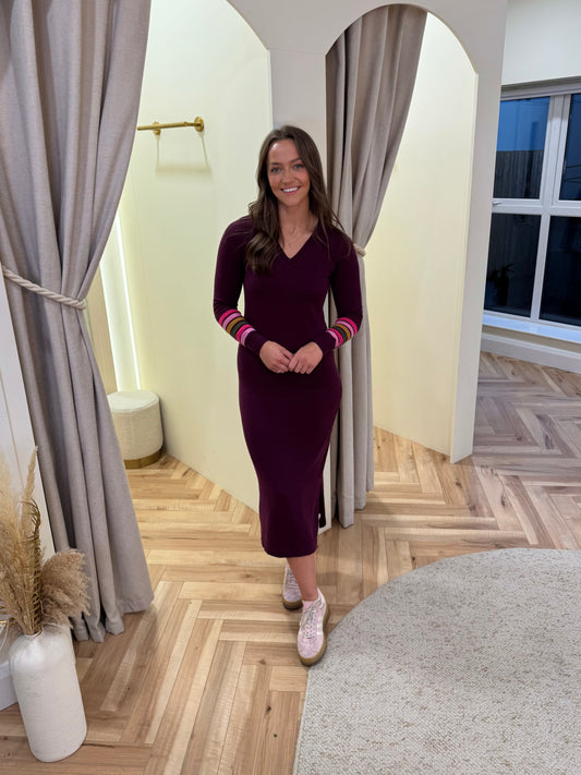 Dania Knit Midi Dress in Burgundy, Sleeve Stripes