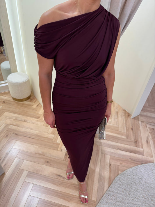 Dark Plum Off The Shoulder Draped Top Midi Dress