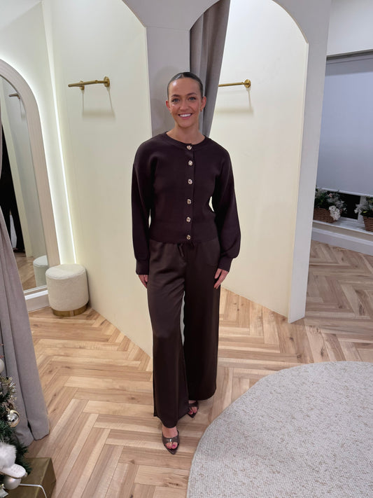 Breya Satin Drawstring Trousers in Brown