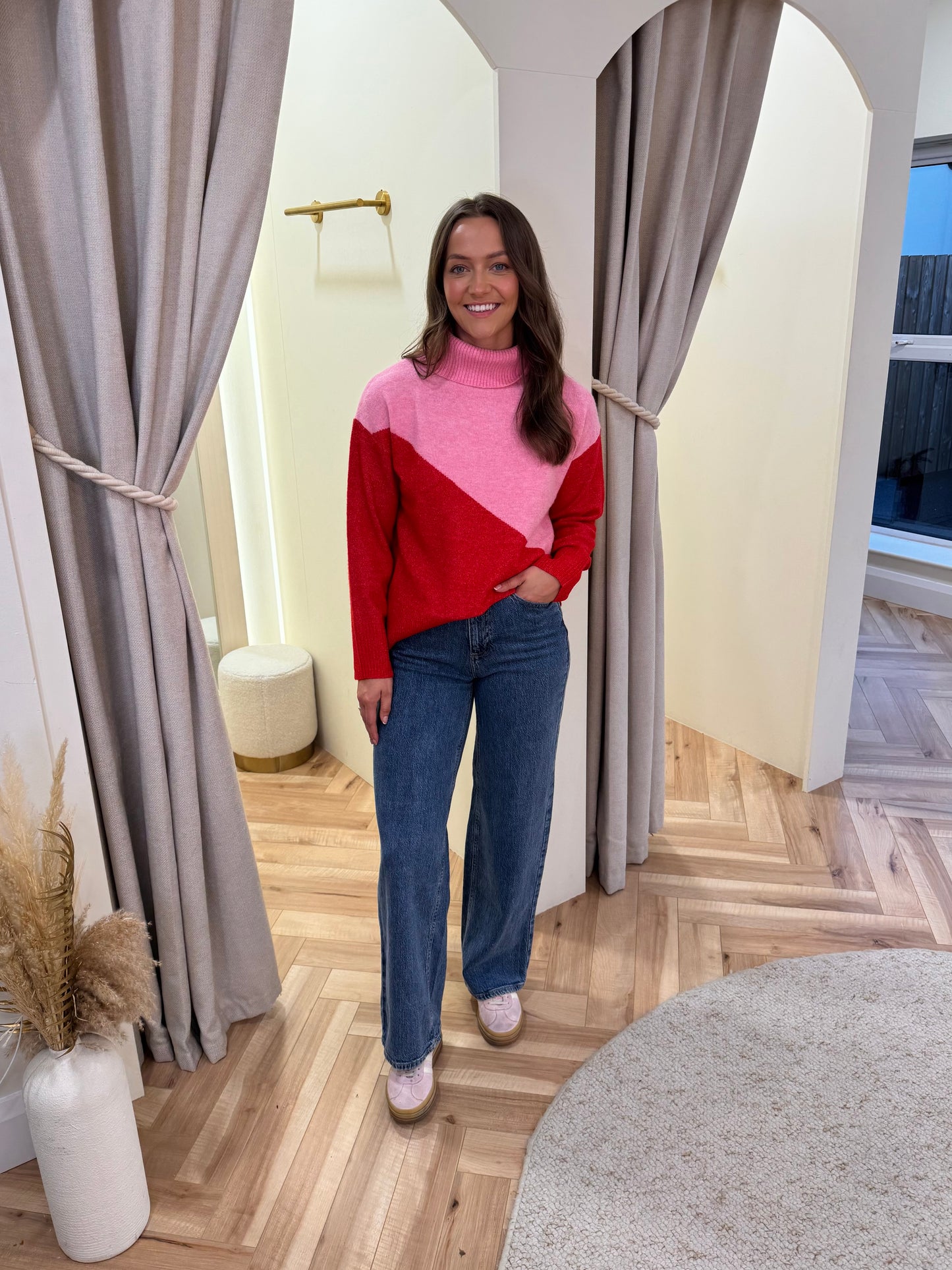 Winona Roll Neck Jumper in Pink/Red Colour Block