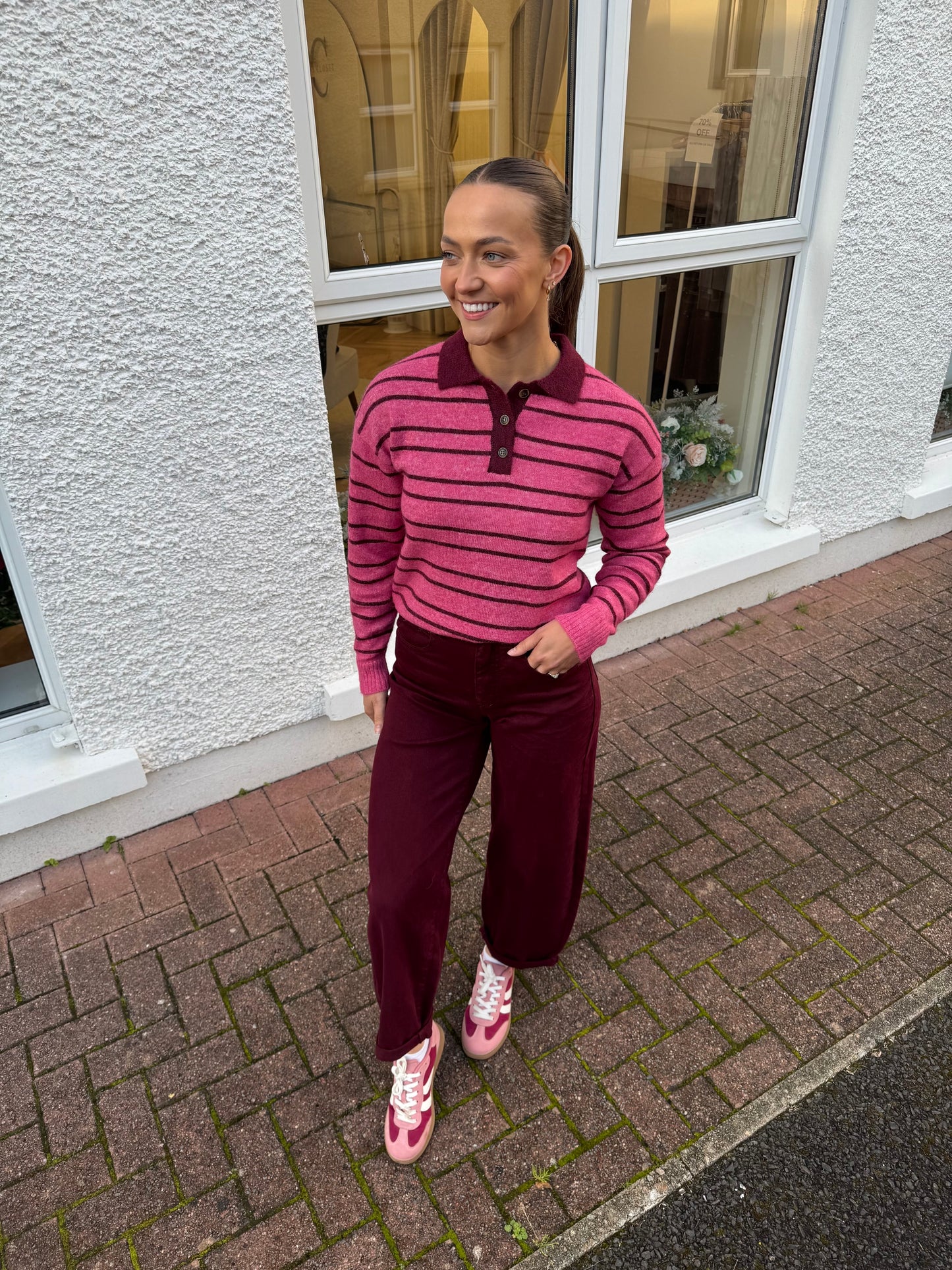 Ihsage Knit Pullover in Fruit Dove with Zinfandel Stripe