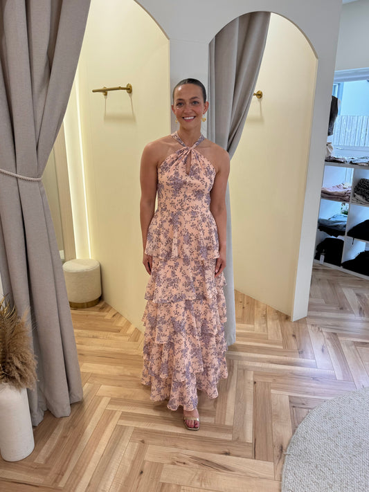 Hester Halterneck Ruffle Maxi Dress in Apricot & lilac floral
