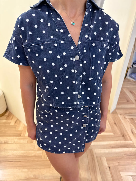 Kali Polka Dot Denim Top in Navy