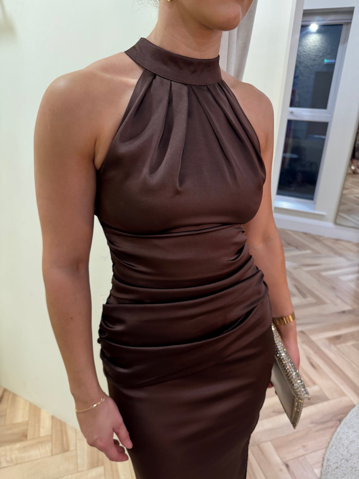 Chocolate Halter Neck Draped Waist Midi Dress