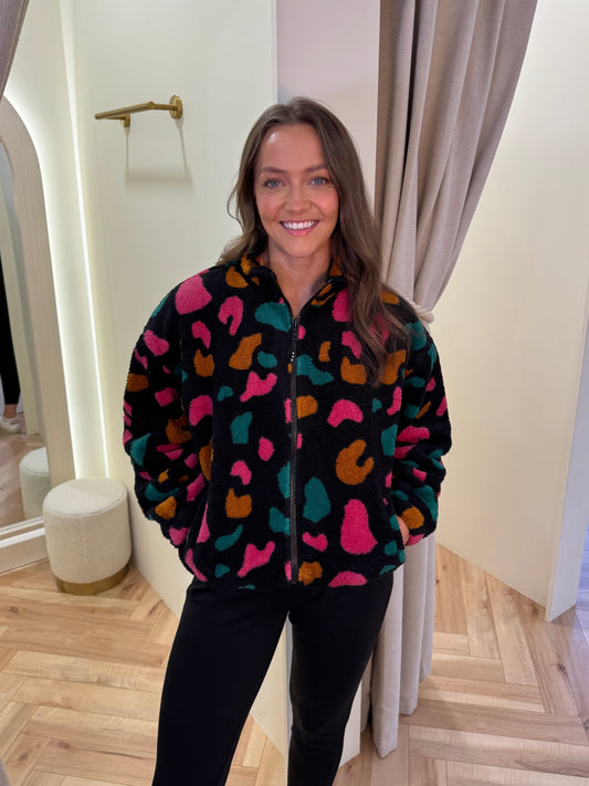 Hartley Zip Up Fleece in Black & Colourful Shapes