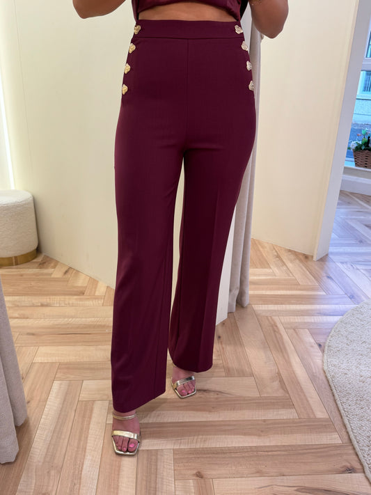 Bailey Gold Button Wide leg trousers in Burgundy