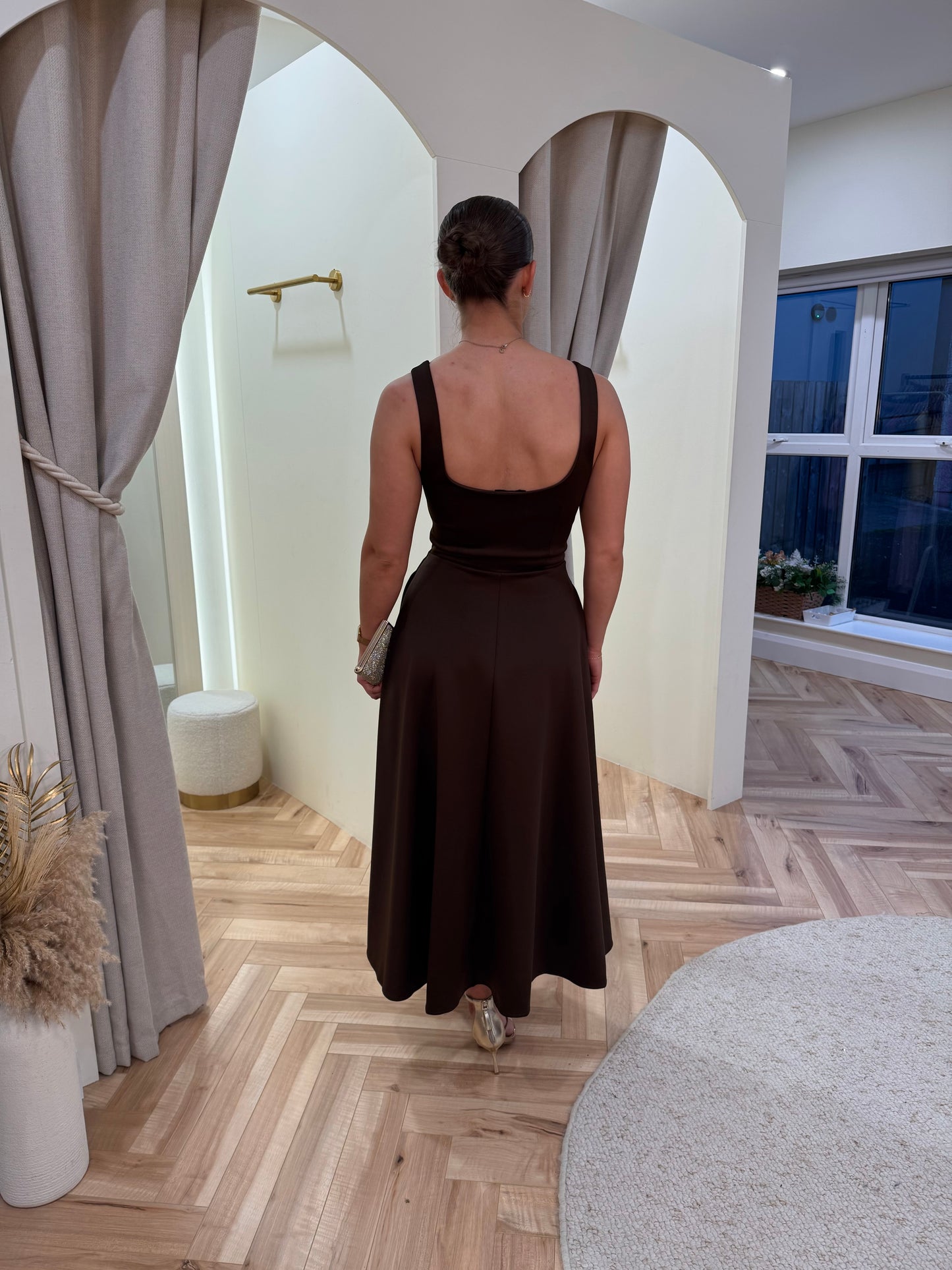 Chocolate Square Neck A-line Midi Dress