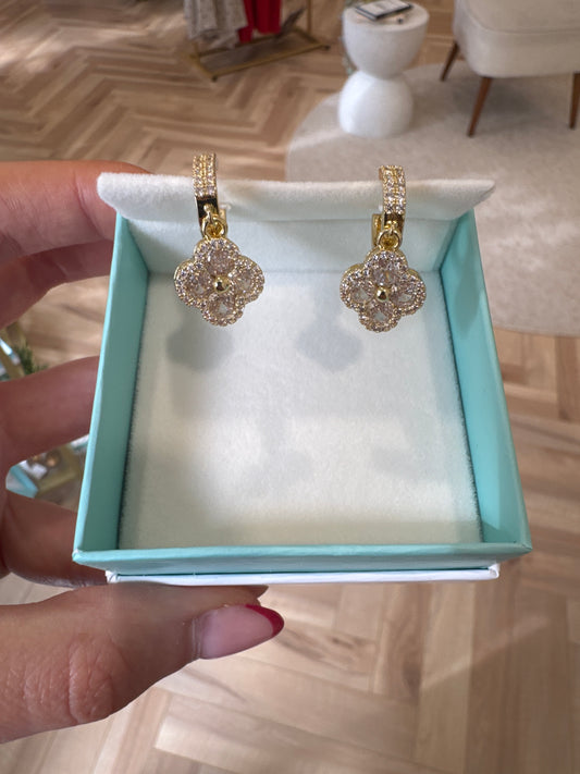 CRYSTAL CLOVER GOLD DROP EARRINGS