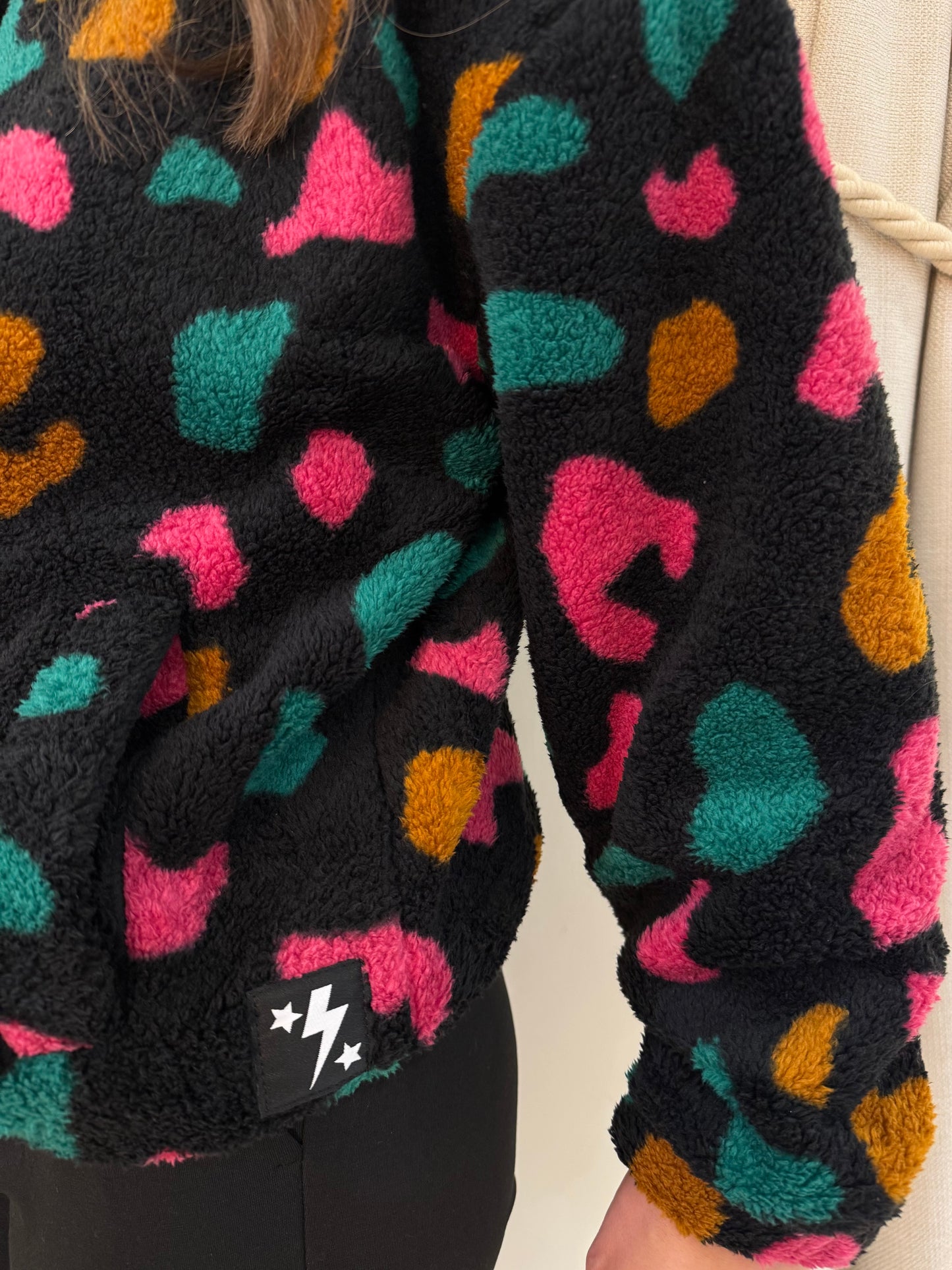 Hartley Zip Up Fleece in Black & Colourful Shapes