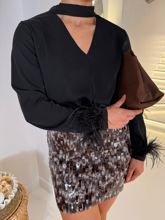 Sabrina Feather Cuff Top in Black