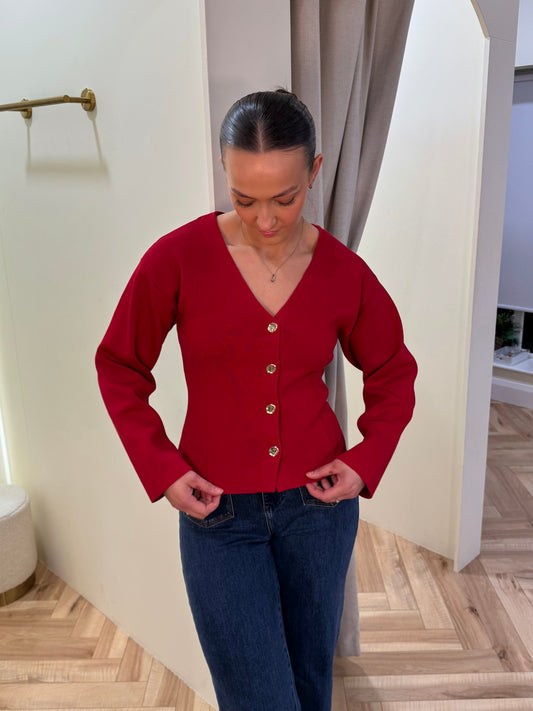 Visway red knit cinched cardigan