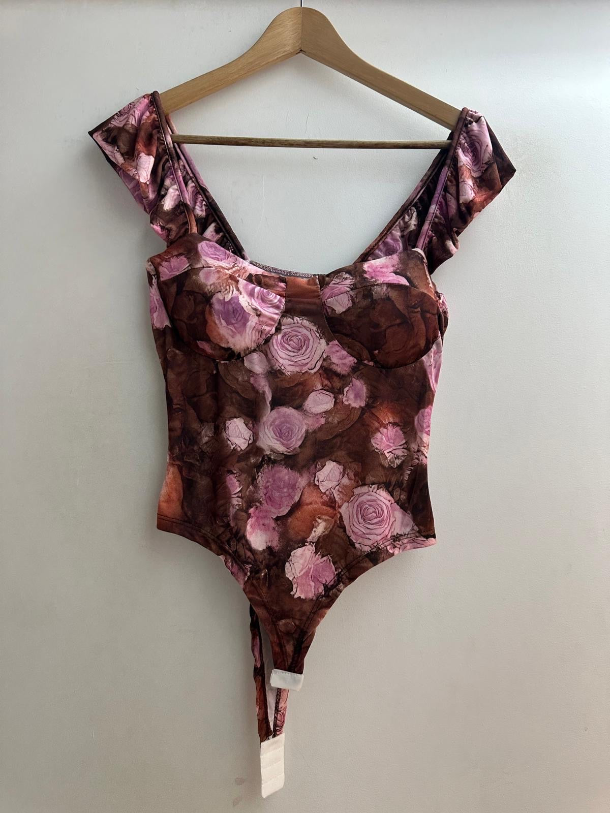 Roma Floral Cupped Bodysuit in Pink & Brown