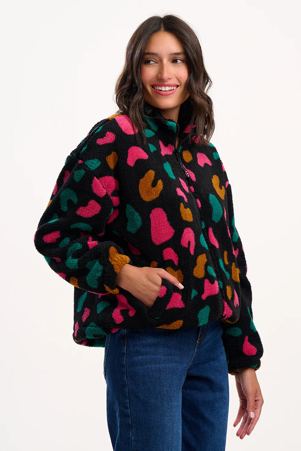 Hartley Zip Up Fleece in Black & Colourful Shapes
