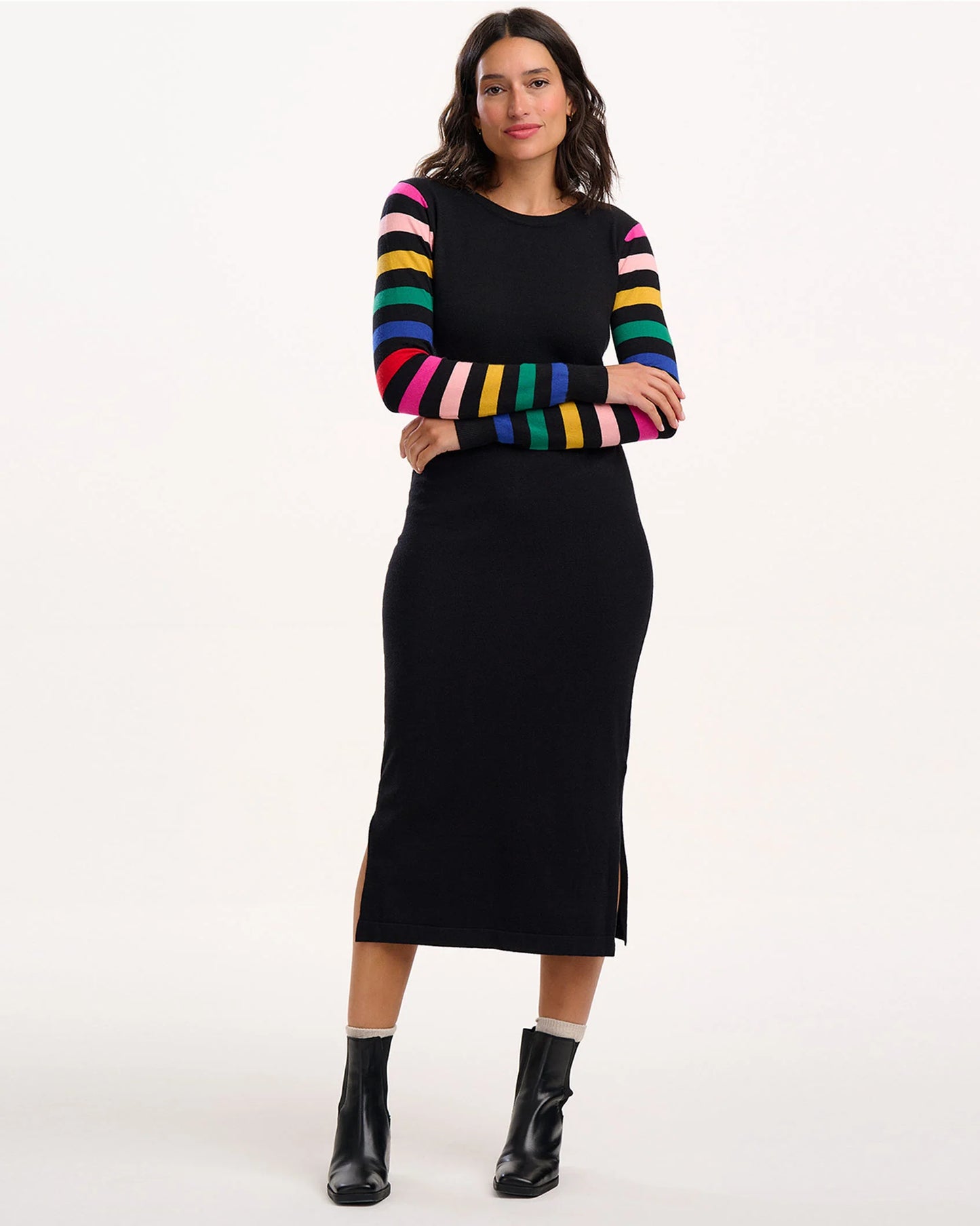 Liselle Knit Midi Dress in Black, Rainbow Sleeves