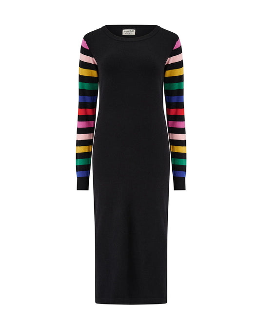 Liselle Knit Midi Dress in Black, Rainbow Sleeves