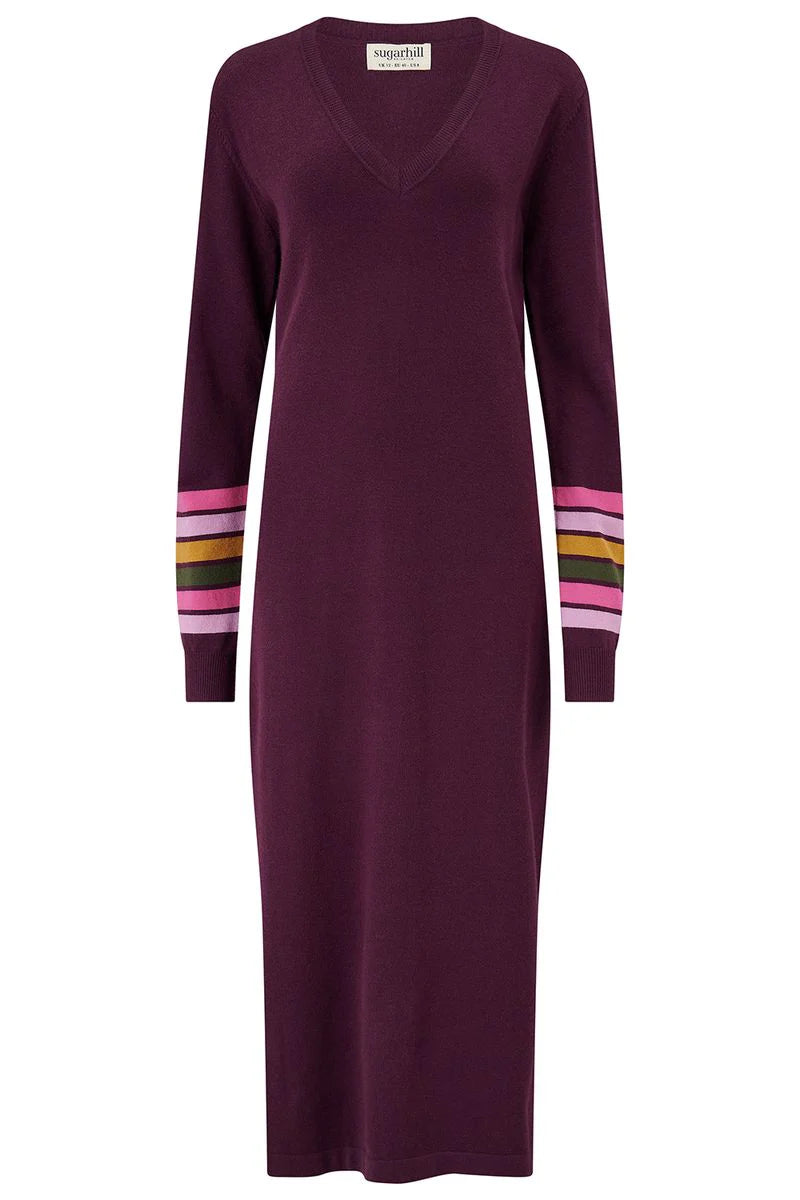 Dania Knit Midi Dress in Burgundy, Sleeve Stripes