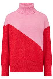 Winona Roll Neck Jumper in Pink/Red Colour Block