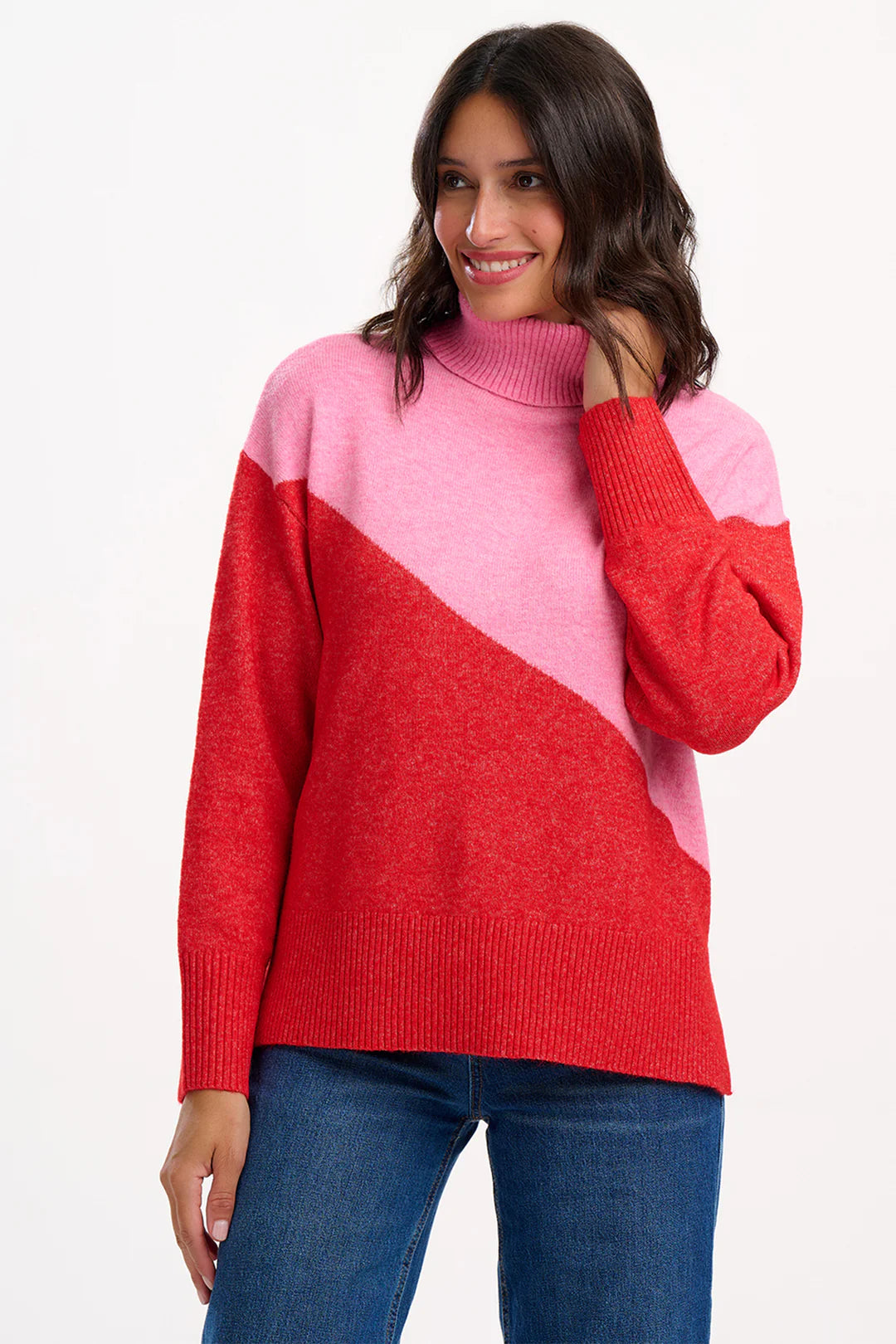 Winona Roll Neck Jumper in Pink/Red Colour Block