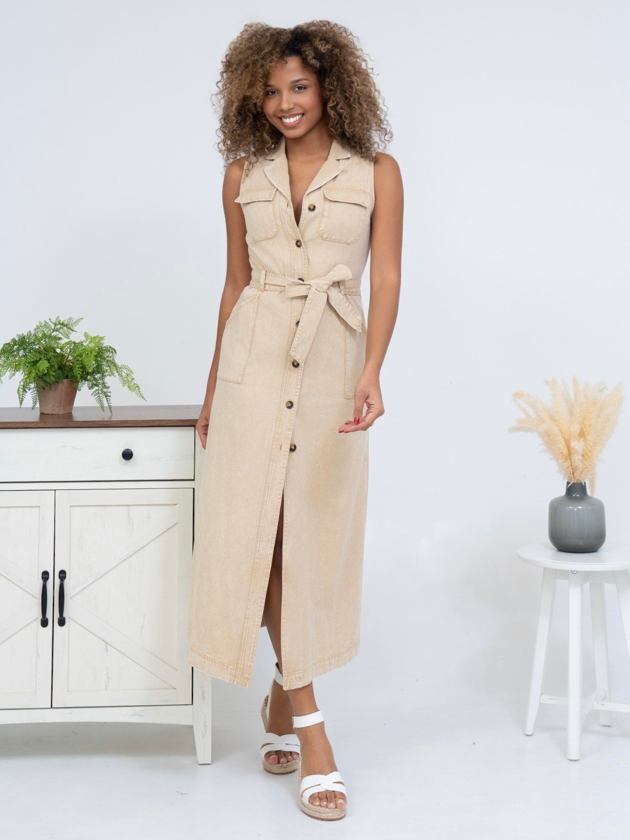 Jenna Denim Dress in Beige
