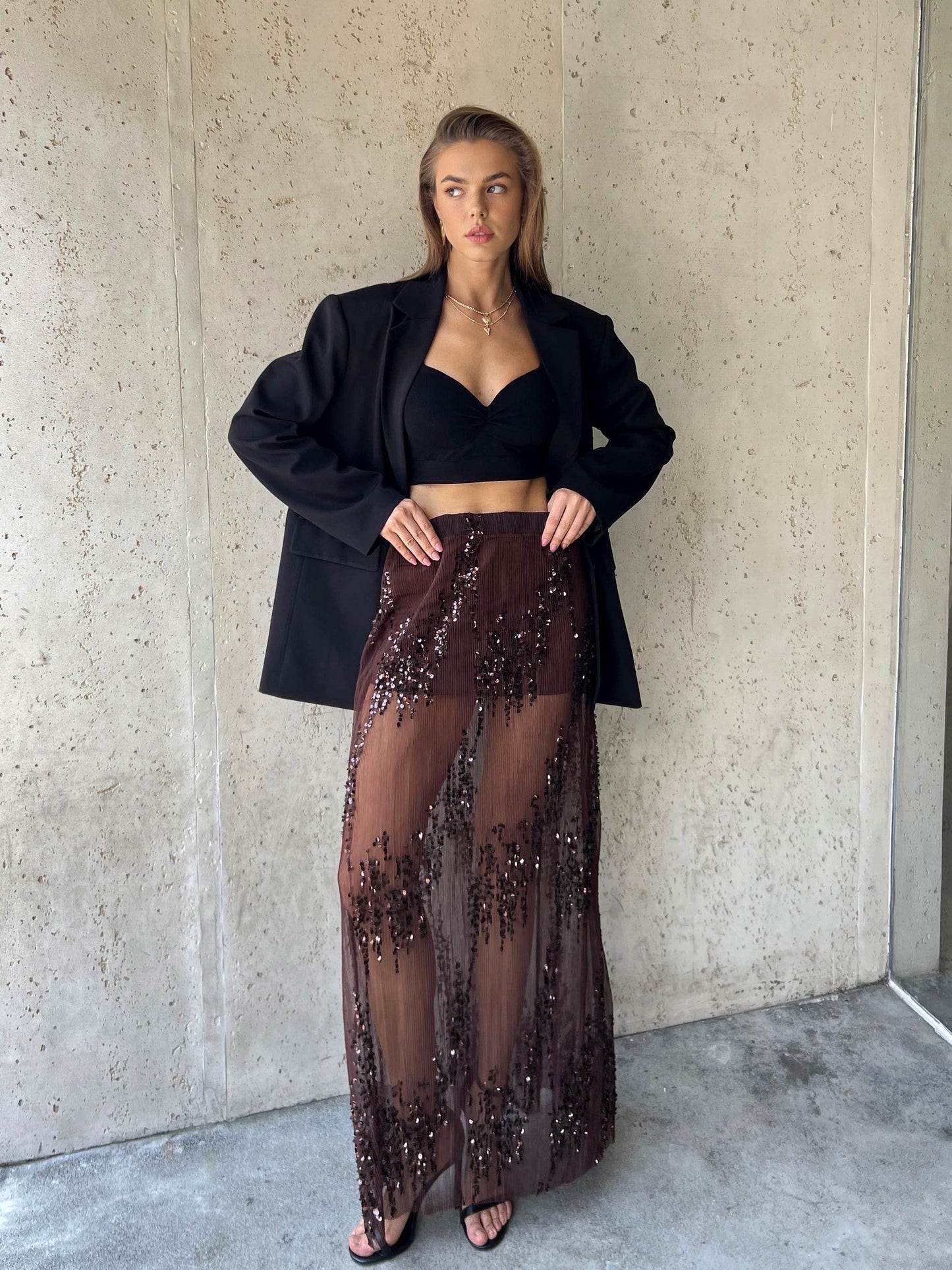 Jodie Sequin Mesh Skirt in Brown